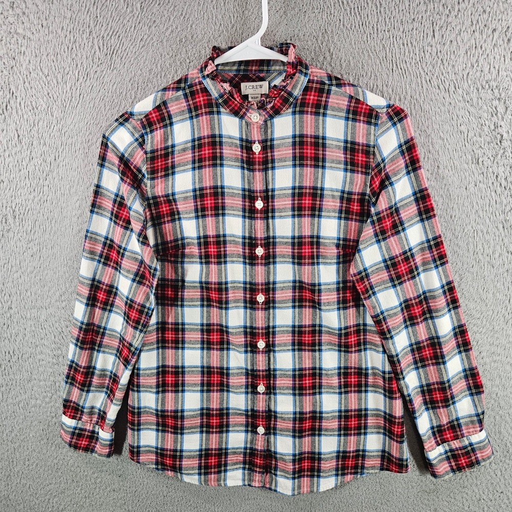 J.Crew Womens Red White Blue Plaid Ruffle Collar Button Down Shirt XSP Cotton‎